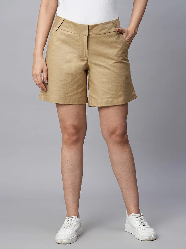 Women's Khaki Cotton Lycra Regular Fit Shorts