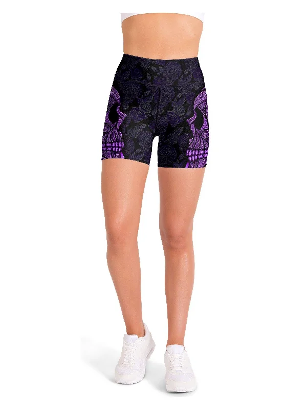 Purple Ornamental Skull Yoga Shorts