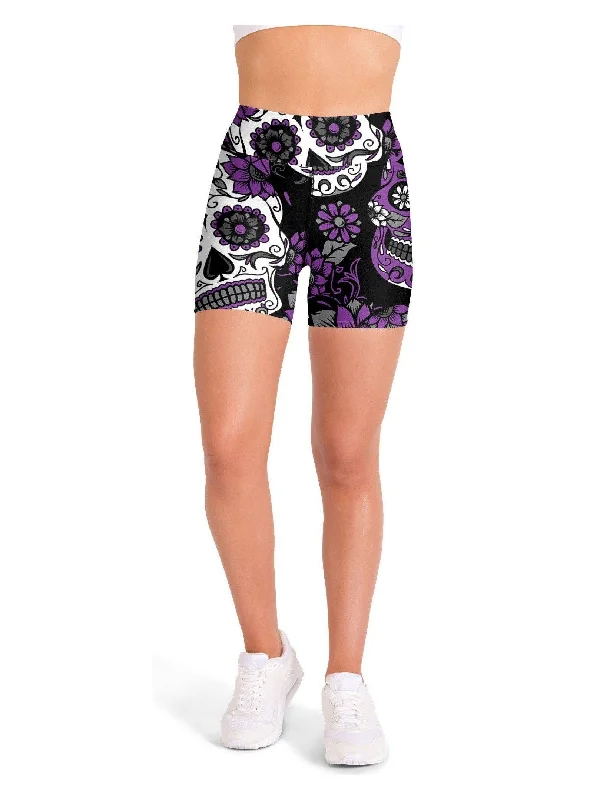 Purple Sugar Skull Yoga Shorts