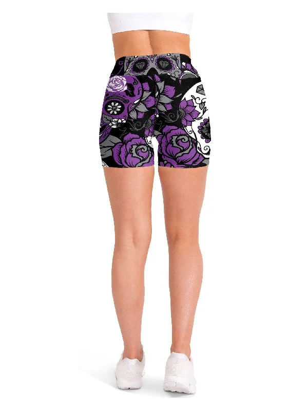 Purple Sugar Skull Yoga Shorts