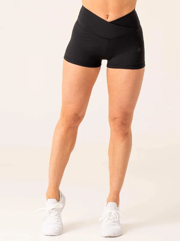 Momentum Cross Over Scrunch Booty Shorts - Black