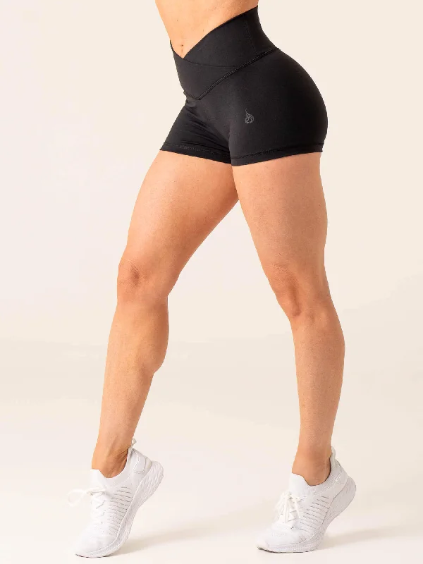 Momentum Cross Over Scrunch Booty Shorts - Black