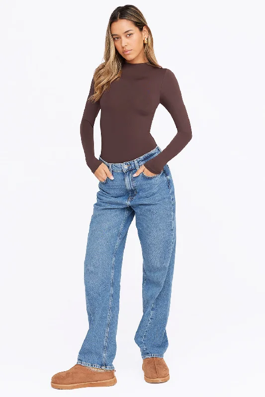 365 SECOND SKIN MOCK NECK LONG SLEEVE BODYSUIT - ESPRESSO