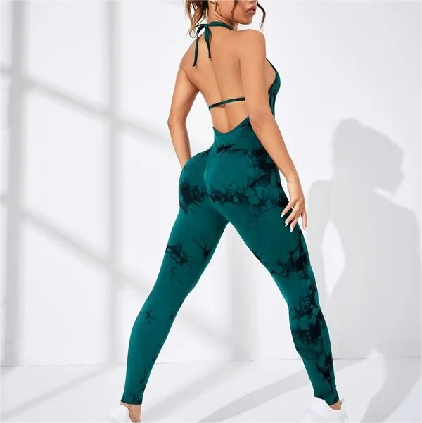 Allover print backless sports jumpsuit 4 colors