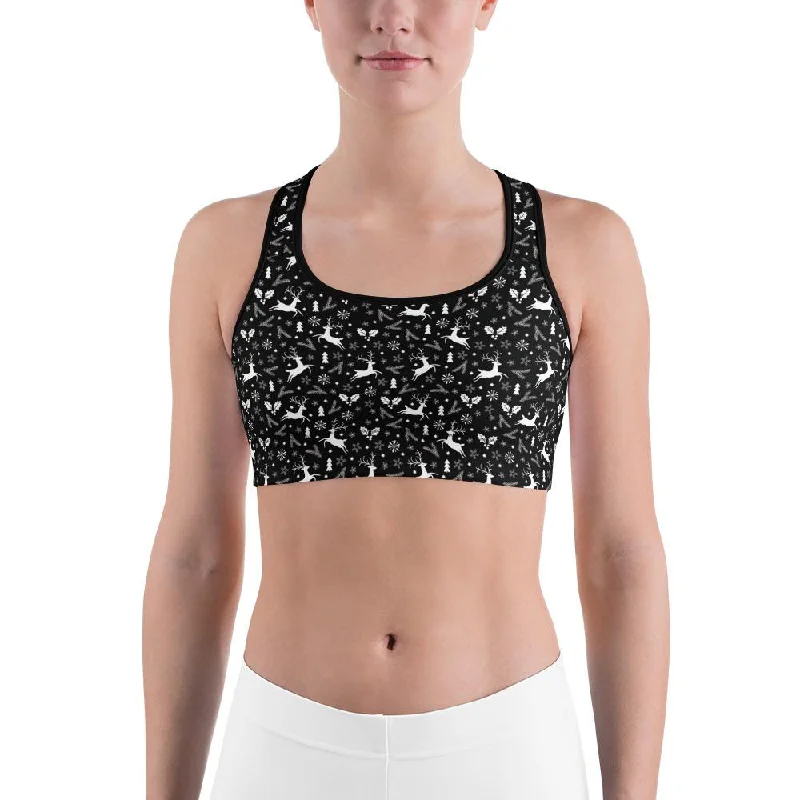 Black Reindeer Christmas Sports Bra