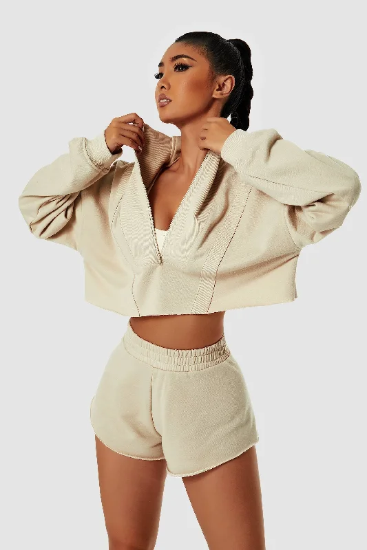 Cropped Sweatshirt & Mini Sweat Shorts Athleisure Set