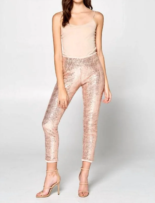 Elastic Waist Sequin Leggings In Rose Gold