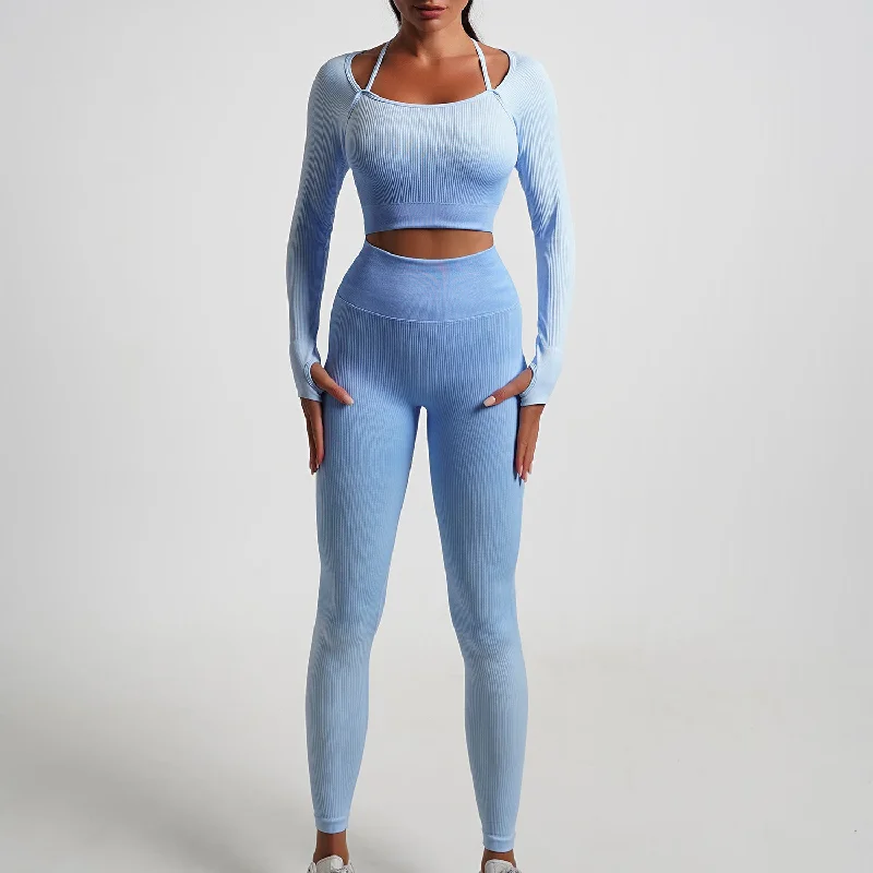 New Arrival Seamless Tight Yoga Suit Long Sleeve Gradient Sports Fitness Elastic Two-piece Female 5 Colors