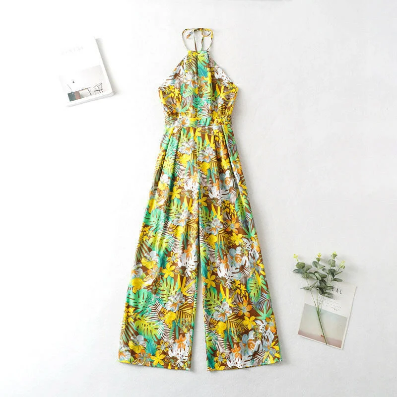 New Women's Tropical Print Long Jumpsuit