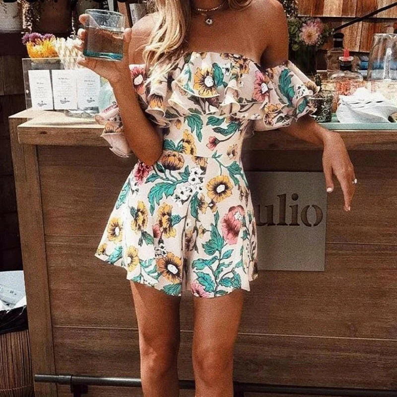 Off-the-shoulder hot sale printed one-shoulder ruffled jumpsuit