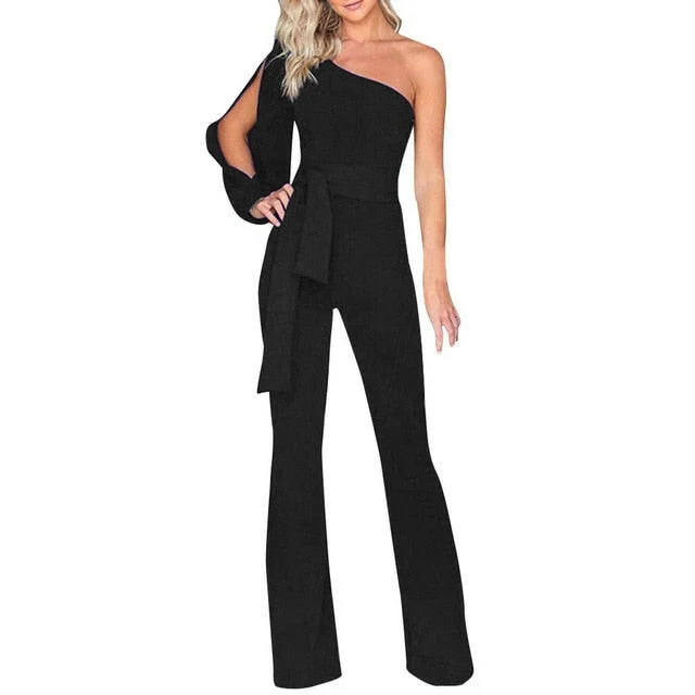 Womail bodysuit Women Summer Casual Solid Long Sleeve Cold Shoulder Jumpsuit Clubwear Wide Leg Jumpsuit