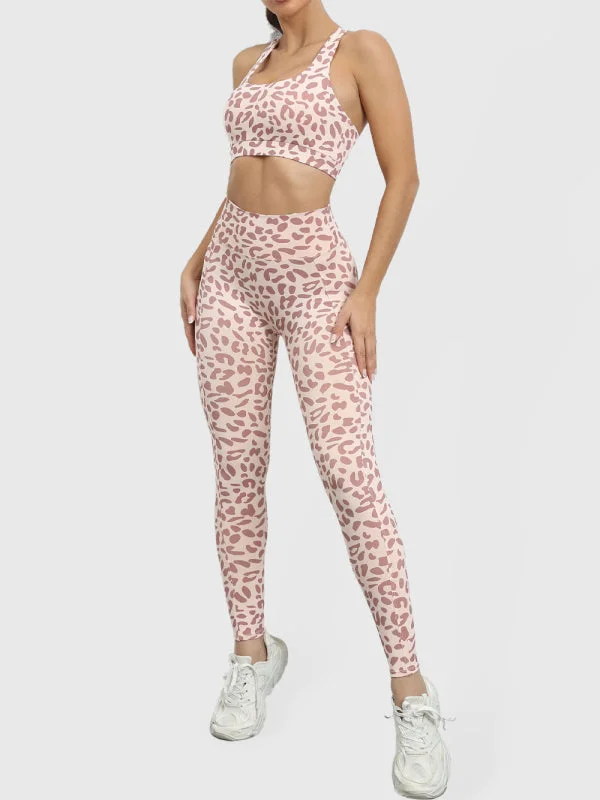 Women's Leopard Print Compression Racerback Crop Top And High-waist Pants