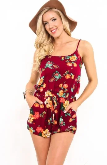 Womens Floral Shorts Romper, Sleeveless Summer Jumpsuit, Sizes S/M/L, Maroon/Multi