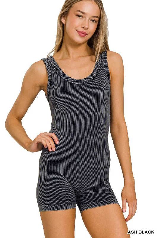 Zenana Stone Washed Ribbed Seamless Sport Romper NPW-6370 Ash Black