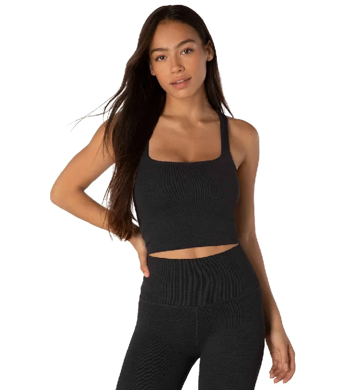 Beyond Yoga Heather Rib Square Neck Cropped Yoga Tank Top Black