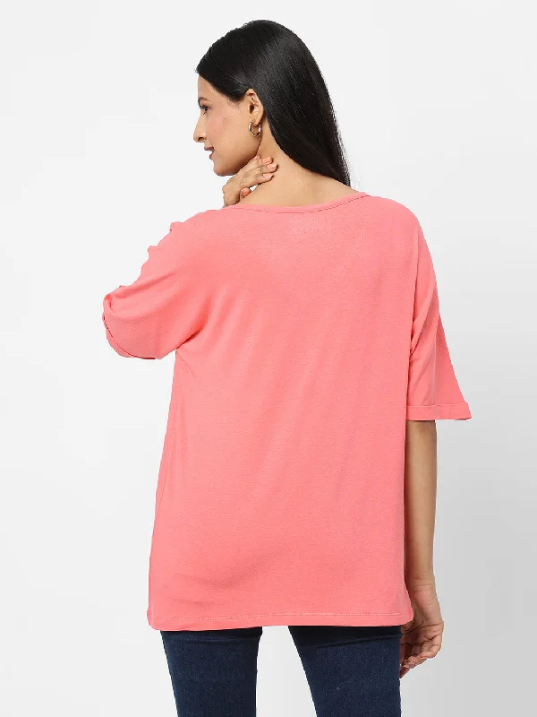 Womens Pink Cotton Bamboo Elastane Loose Fit Tshirt