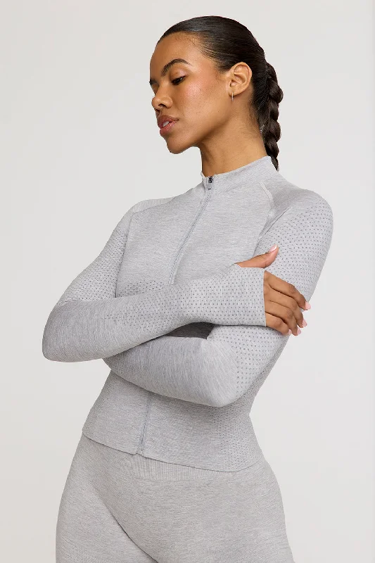 SCULPT SEAMLESS MOCK NECK ZIP THROUGH JACKET- LIGHT GREY MARL